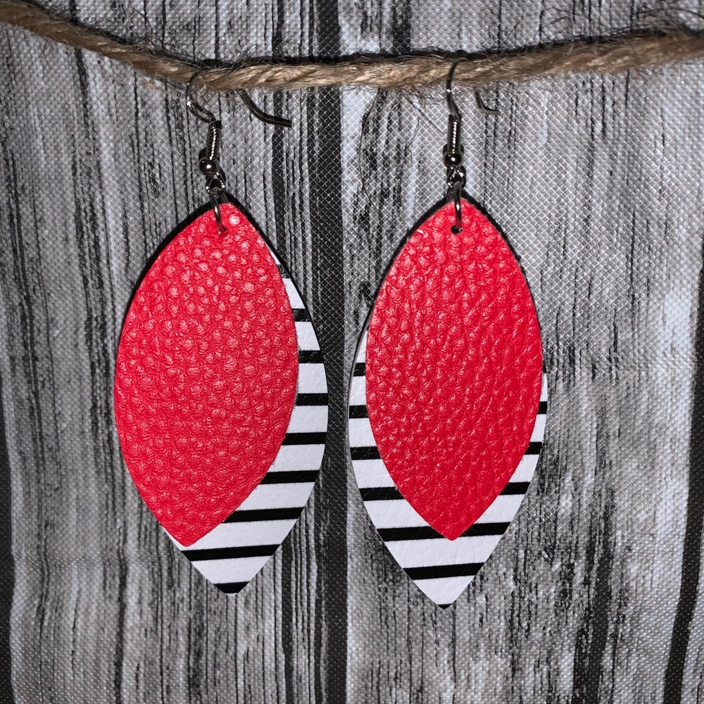 Red/ black and white striped faux leather earrings
